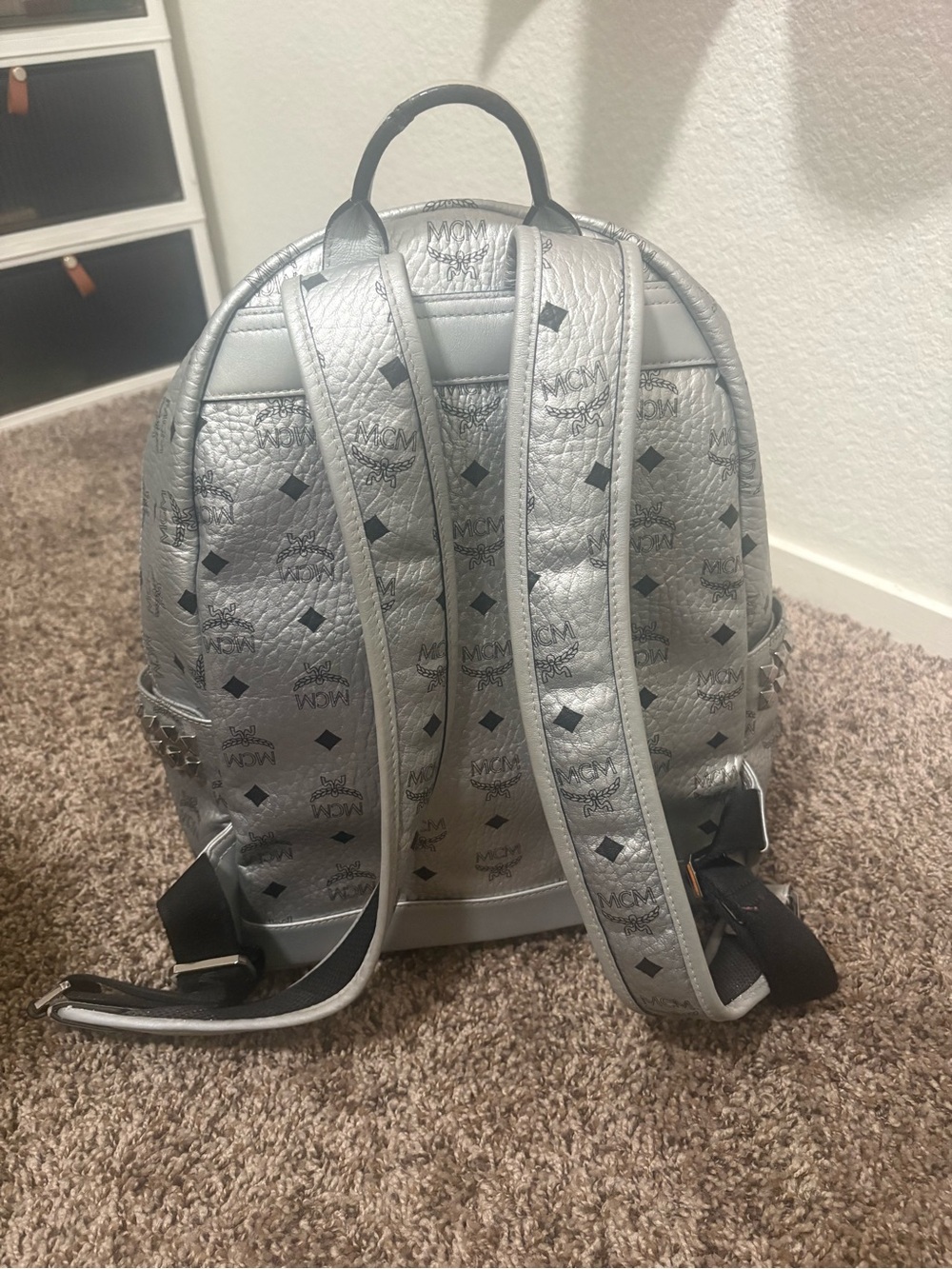 MCM Metallic Silver Monogram Backpack with Stud Accents - Picture 2 of 4